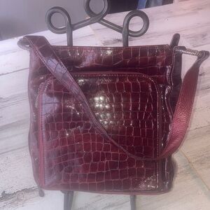 Vintage Burgundy Crocodile-Embossed Shoulder Bag Leather
